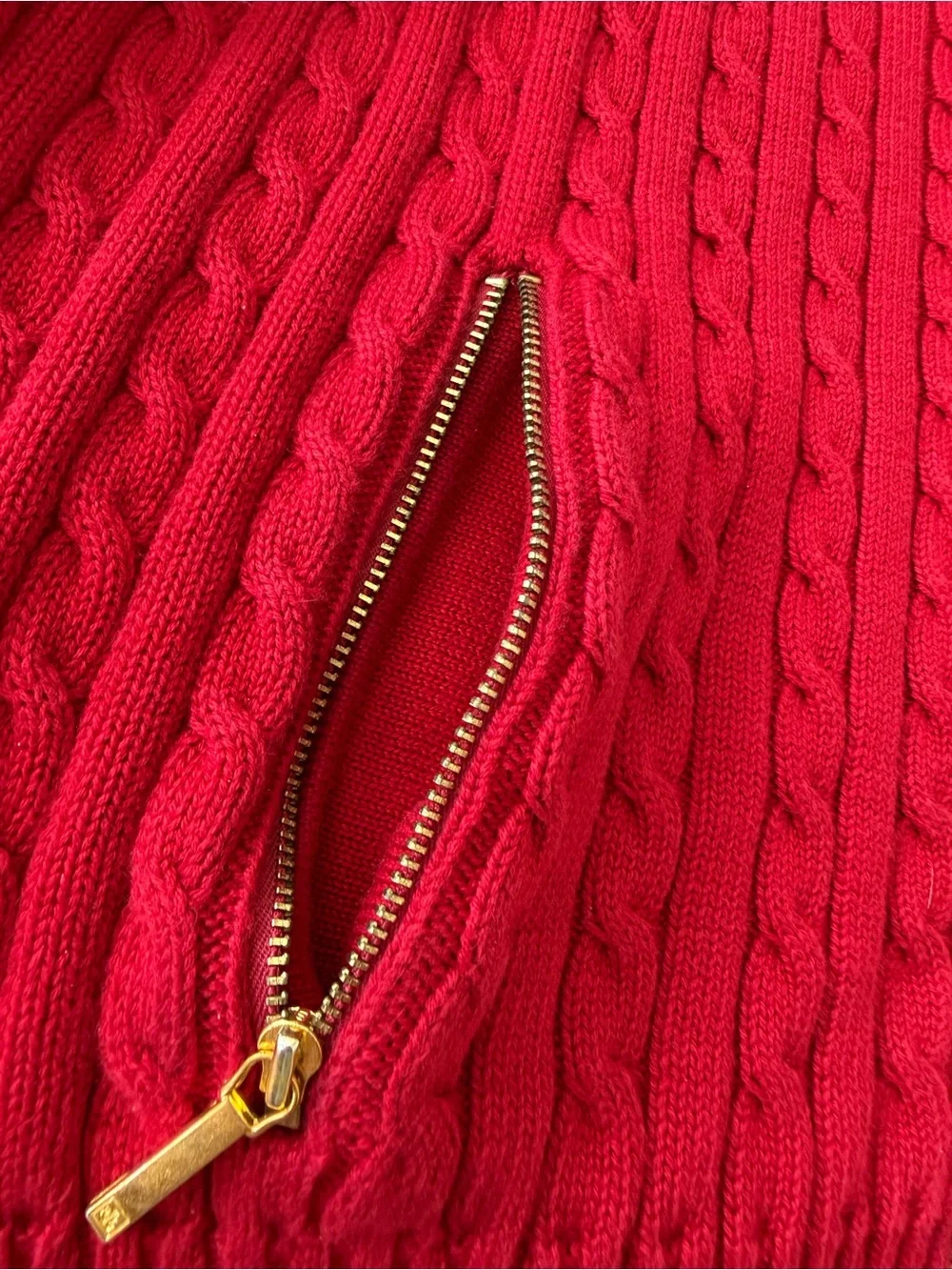 Ralph Lauren Bright Red Cable-Knit Zip Cardigan with Crest